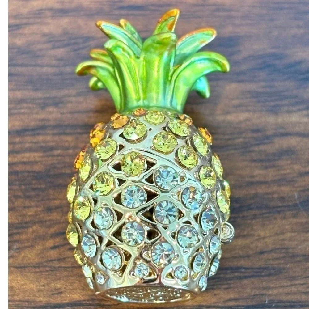Lia Miniature Jeweled Pineapple TrinketBox Vintage Enamel Crystal Tropical Gift